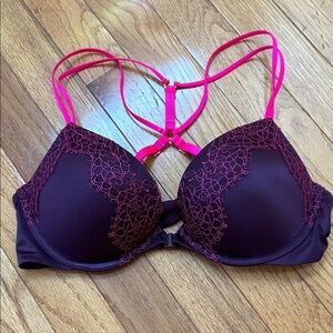 Victoria’s Secret Lace-Accent Push-Up Bra in Plum with Hot Pink Straps 34C